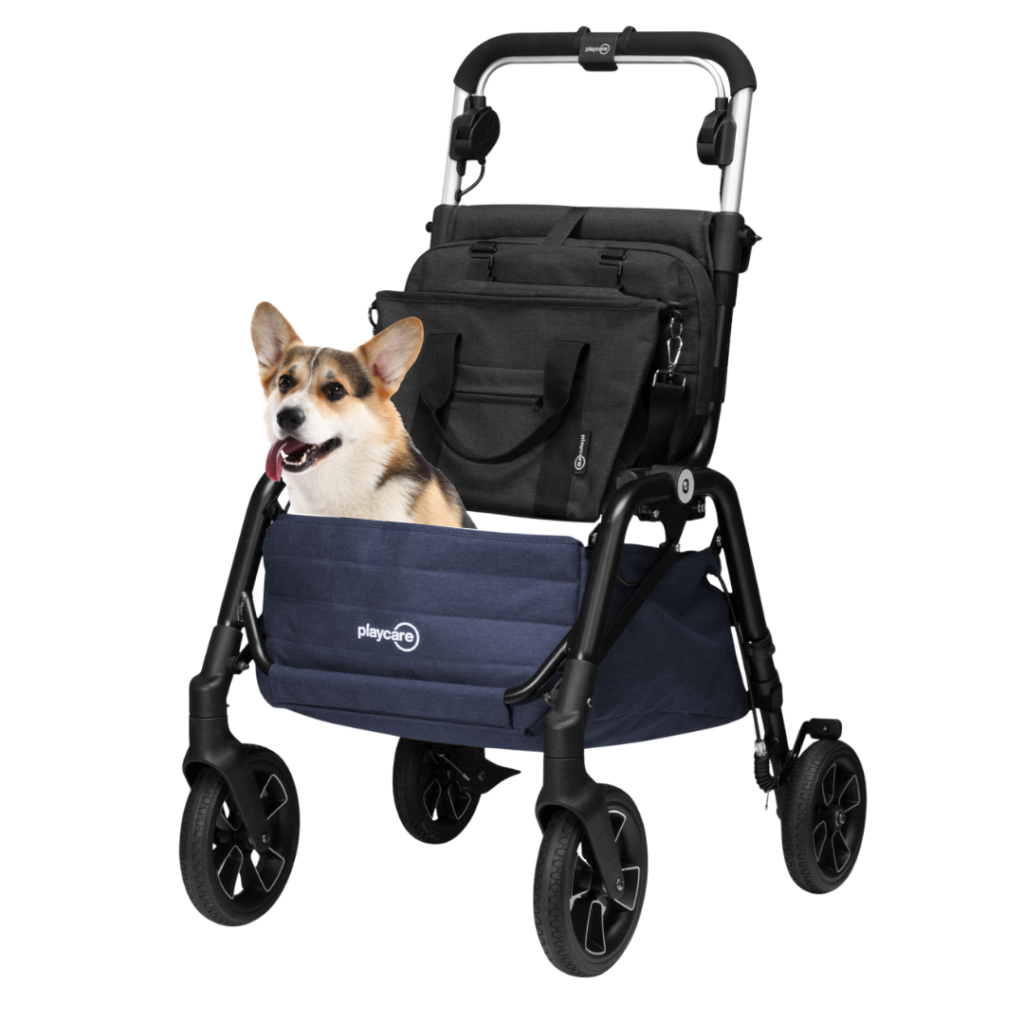 Deambulatore pieghevole con seduta, grande cestino e borsa rimovibile